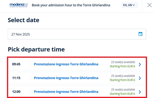 「ギルランディーナの塔」予約サイトの画像（時間の選択）